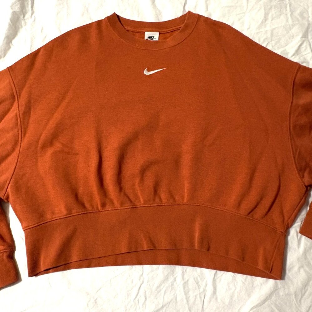 Nike Burnt Orange Oversized Cropped Crewneck Sweatshirt Cotton Blend Pullover XS - Picture 3 of 10